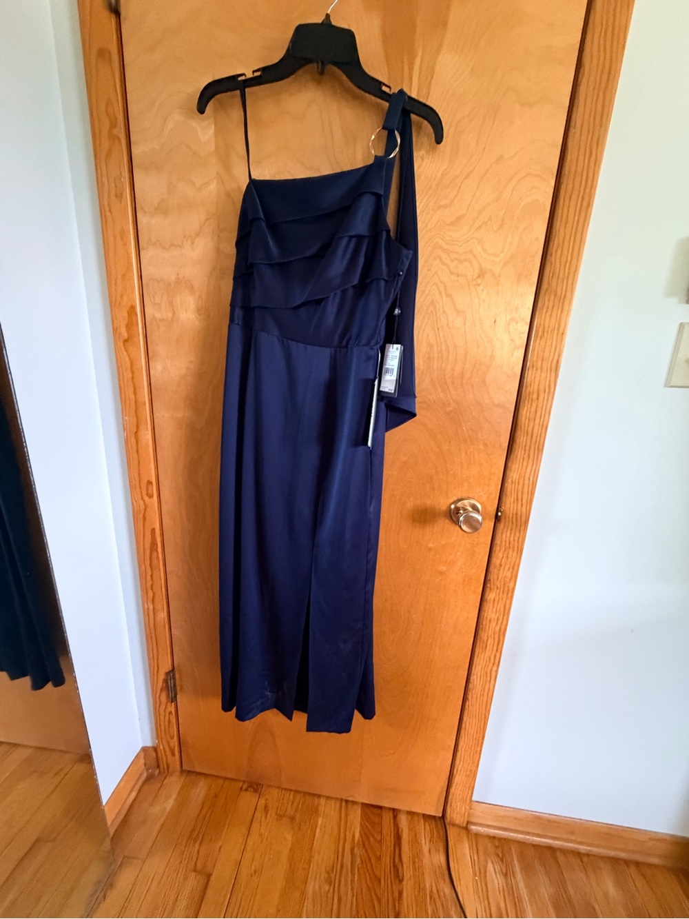 Adrianna Papell Navy One-Shoulder Ruffle Maxi Skirt
